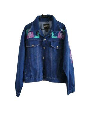 Expressions Jean Jacket Womens Size XL Heron Stork Heart Graphic Dark Wash Denim